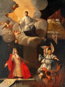 A man praying to a saint to assist in the cure of a sick child, devils departing, unknown date. Creator: Unknown