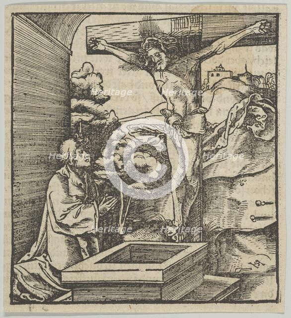 A Man Praying before a Crucifix, from Hymmelwagen auff dem, wer wol lebt..., 1517. Creator: Hans Schäufelein the Elder.