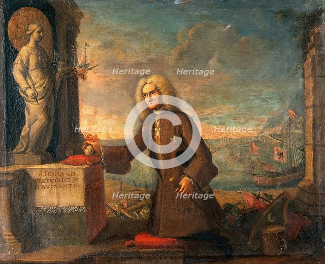 A man presenting a votive offering to Saint Fermina as protector of navigators. Creator: Unknown.