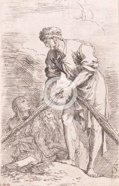 A man pulling a net with two figures behind him, from the series 'Figurine', ca. ..., ca. 1656-1657. Creator: Salvator Rosa.