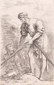 A man pulling a net with two figures behind him, from the series Figurine ca. ..., ca. 1656-1657. Creator: Salvator Rosa