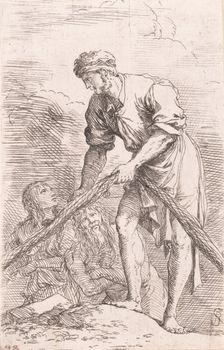 A man pulling a net with two figures behind him, from the series Figurine ca. ..., ca. 1656-1657. Creator: Salvator Rosa
