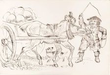 A man pulling a horse-drawn cart, 1825-1839. Creator: James Howe