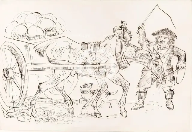A man pulling a horse-drawn cart, 1825-1839. Creator: James Howe.