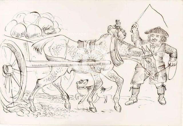A man pulling a horse-drawn cart, 1825-1839. Creator: James Howe.