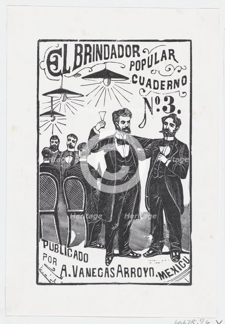 A man raising his glass with a group of men sitting at a table in the background,..., ca. 1890-1899. Creator: José Guadalupe Posada.