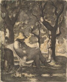 A Man Reading in a Garden (recto)..., ca. 1865. Creator: Honore Daumier
