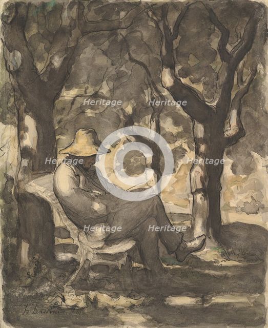 A Man Reading in a Garden (recto)..., ca. 1865. Creator: Honore Daumier.