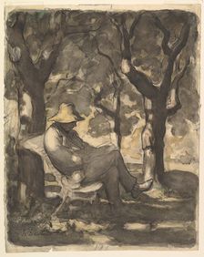 A Man Reading in a Garden (recto); Preliminary sketch for a Man Reading in a Garden (v..., ca. 1865. Creator: Honore Daumier
