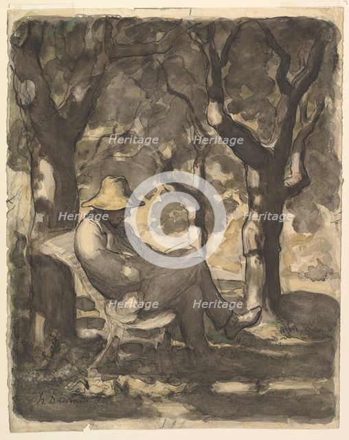 A Man Reading in a Garden (recto); Preliminary sketch for a Man Reading in a Garden (v..., ca. 1865. Creator: Honore Daumier.