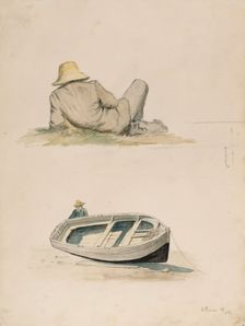 A man resting his back on the grass; A man and a beached boat, 1883. Creator: Oscar Kleineh