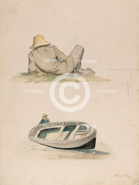 A man resting his back on the grass; A man and a beached boat, 1883. Creator: Oscar Kleineh.