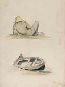 A man resting his back on the grass; A man and a beached boat, 1883. Creator: Oscar Kleineh