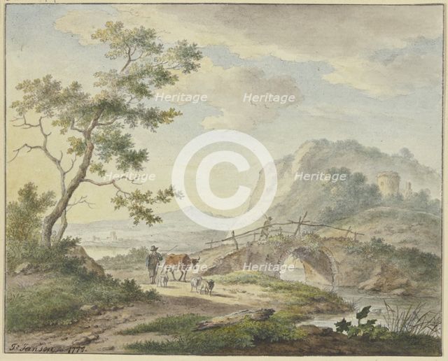 A man walks across a stone bridge; on the path is a farmer with a cow and sheep, 1777. Creator: Johannes Christiaan Janson.