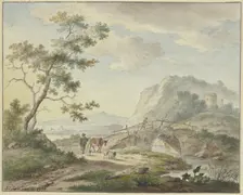 A man walks across a stone bridge; on the path is a farmer with a cow and sheep, 1777. Creator: Johannes Christiaan Janson