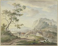 A man walks across a stone bridge; on the path is a farmer with a cow and sheep, 1777. Creator: Johannes Christiaan Janson