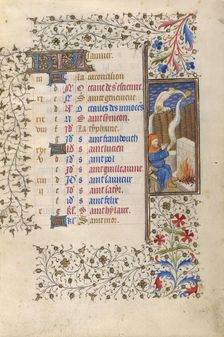 A Man Warming Himself by a Fire; January: Aquarius; Book of Hours; about 1415-1420. Creator: Workshop of the Master of the Rohan Hours