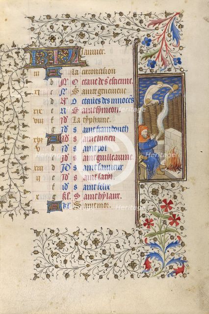 A Man Warming Himself by a Fire; January: Aquarius; Book of Hours; about 1415-1420. Creator: Workshop of the Master of the Rohan Hours.