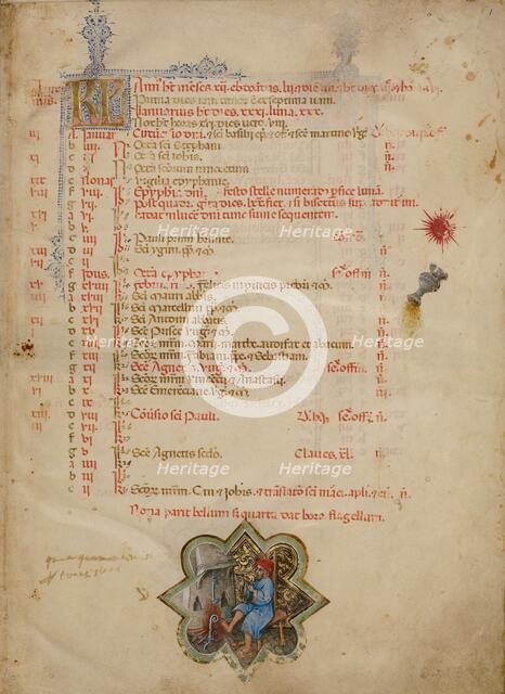 A Man Warming his Feet by a Fire: Zodiacal Sign of Aquarius; Missal, between about 1389 and 1400. Creator: Master of the Brussels Initials.