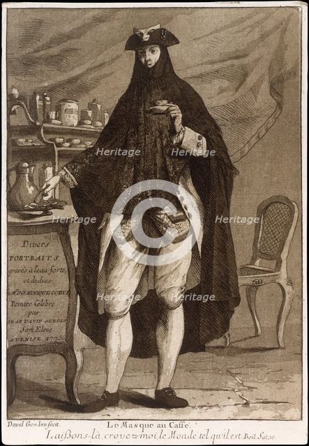 A man wearing a mask drinking a cup of coffee (Le Masque au Caffé), 1775. Creator: Giovanni David.