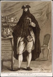 A man wearing a mask drinking a cup of coffee (Le Masque au Caffé), 1775. Creator: Giovanni David