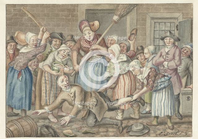 A man who had beaten his wife is punished by a group of women in the Vinkestraat in Amsterdam, 1768. Creator: Anthonie Drost.