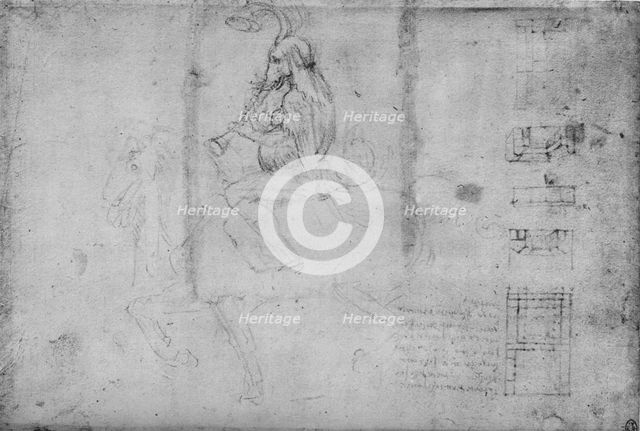 'A Man with the Head of an Elephant Riding on Horseback and Architectural Sketches', c1480 (1945). Artist: Leonardo da Vinci.