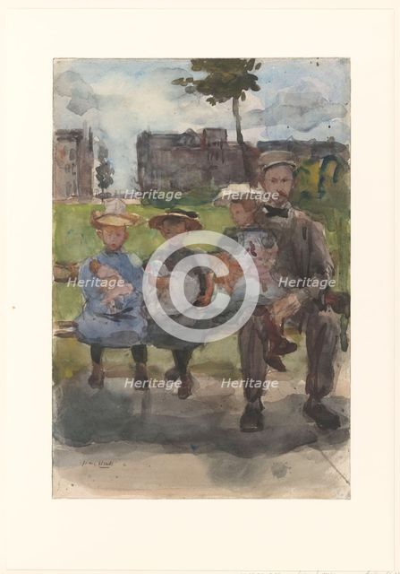 A Man with Three Girls on a Bench in the Oosterpark in Amsterdam, c.1886-c.1904. Creator: Isaac Lazerus Israels.