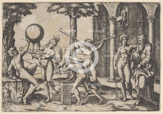 A man with two trumpets in the centre flanked by other figures including an old and..., ca. 1510-27. Creator: Marcantonio Raimondi.