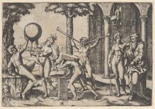 A man with two trumpets in the centre flanked by other figures including an old and..., ca. 1510-27. Creator: Marcantonio Raimondi