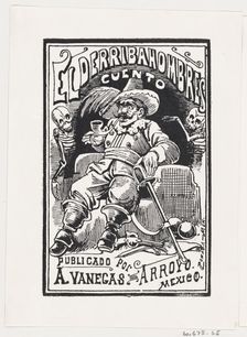A man with weapons and a pipe in his mouth flanked by two skeletons, illustration..., ca. 1880-1910. Creator: José Guadalupe Posada