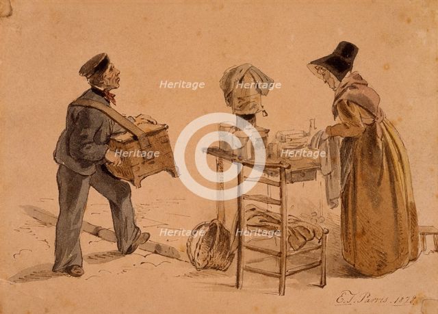 A man with a barrel organ and a coffee seller, 1828. Creator: Edmund Thomas Parris.