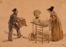 A man with a barrel organ and a coffee seller, 1828. Creator: Edmund Thomas Parris
