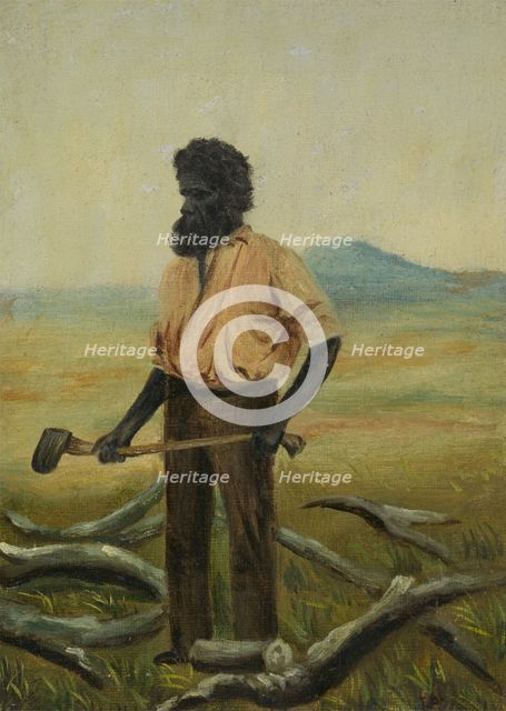 A man with a beard holding an axe to chop the branches of a tree, between 1800 and 1899. Creator: Unknown.