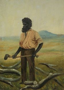 A man with a beard holding an axe to chop the branches of a tree, between 1800 and 1899. Creator: Unknown