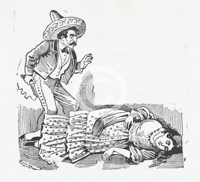 A man with a gun standing over a woman he has just shot, ca. 1880-1910., ca. 1880-1910. Creator: José Guadalupe Posada.