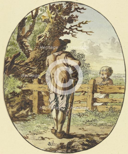 A man with a stick stands by a fence with his back to the viewer; a child stands on the other side. Creator: Steven Goble.