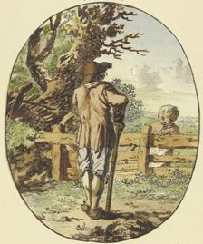 A man with a stick stands by a fence with his back to the viewer; a child stands on the other side. Creator: Steven Goble