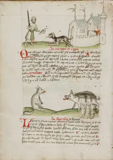 A Man with a Sword and a Dog with a Bone: A Wolf and a Pig; Fables, third quarter of 15th century. Creator: Unknown
