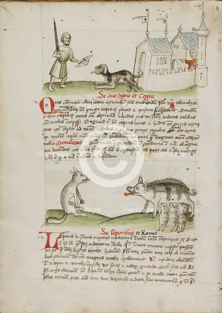 A Man with a Sword and a Dog with a Bone: A Wolf and a Pig; Fables, third quarter of 15th century. Creator: Unknown.