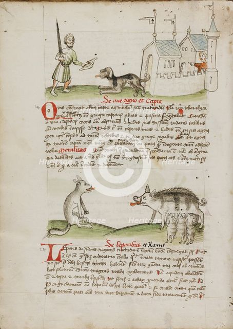 A Man with a Sword and a Dog with a Bone: A Wolf and a Pig; Fables, third quarter of 15th century. Creator: Unknown.