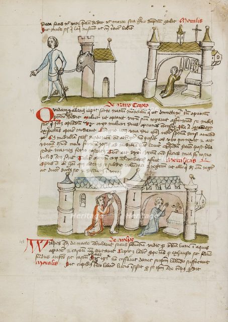 A Man with a Sword and Spurs Leading a Donkey from his House..., third quarter of 15th century. Creator: Unknown.