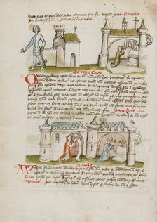 A Man with a Sword and Spurs Leading a Donkey from his House..., third quarter of 15th century. Creator: Unknown