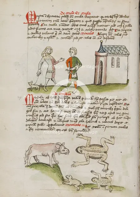 A Man with a Weasel on a Leash: An Ox, Frogs, and Toads; Fables, third quarter of 15th century. Creator: Unknown.