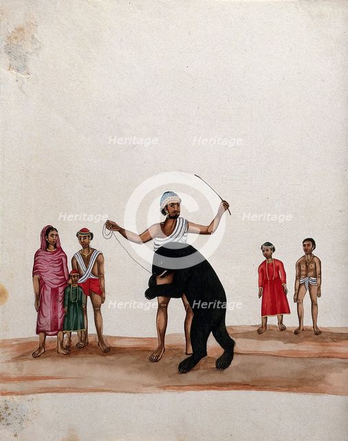 A man with his performing bear watched by a group of people, (between 1800 and 1899?). Creator: Unknown.