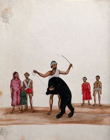 A man with his performing bear watched by a group of people, (between 1800 and 1899?). Creator: Unknown
