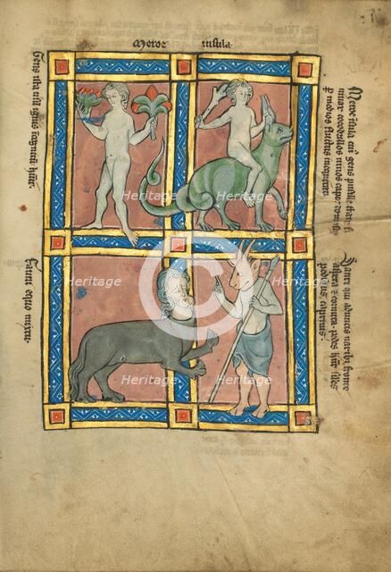 A Man Without Knowledge of Fire; A Man Riding a Crocodile; A Centaur; Sanrus..., 1277 or after. Creator: Unknown.