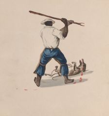 A man viewed from behind beating a dog with a stick, from a group of drawings depicting..., ca. 1848 Creator: Attributed to Francisco (Pancho) Fierro