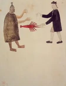 A Maori bartering a crayfish with an English naval officer. 1769. Creator: Sydney Parkinson