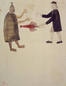 A Maori bartering a crayfish with an English naval officer. 1769. Creator: Sydney Parkinson